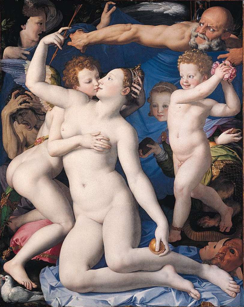 London National Gallery Top 20 10 Bronzino - An Allegory with Venus and Cupid (Agnolo) Bronzino � An Allegory with Venus and Cupid, 1540-50, 146 x 116 cm. Love is no more than transitory. Venus, the goddess of love and beauty, identified by the golden apple given to her by Paris and by her doves, has drawn Cupid�s arrow. Love is accompanied by Jealousy in the shape of the howling figure pulling his hair out at the centre left. Deceit is the young girl looking out with a falsely innocent air behind the boy holding the roses, with her hands wrong way around holding a sweet honeycomb and a scorpion. Foolish pleasure, the laughing child with an anklet of bells, throws rose petals at them, heedless of the thorn piercing his right foot. Only Folly, represented by a woman�s face in the top left-hand corner, attempts to screen the eyes of Saturn, the god of Time. Saturn tears her curtain aside with a powerful thrust of his arm, his hourglass warning of ending and death.